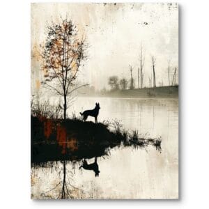 Plakat do salonu minimalistyczny pies przy jeziorze czarno-biały