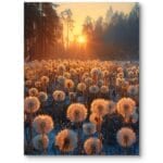 Plakat do salonu natura dmuchawce las na zachodzie słońca fotografia przyrodnicza pomarańczowo-brązowy Plakat do salonu natura dmuchawce las na zachodzie słońca fotografia przyrodnicza pomarańczowo-brązowy