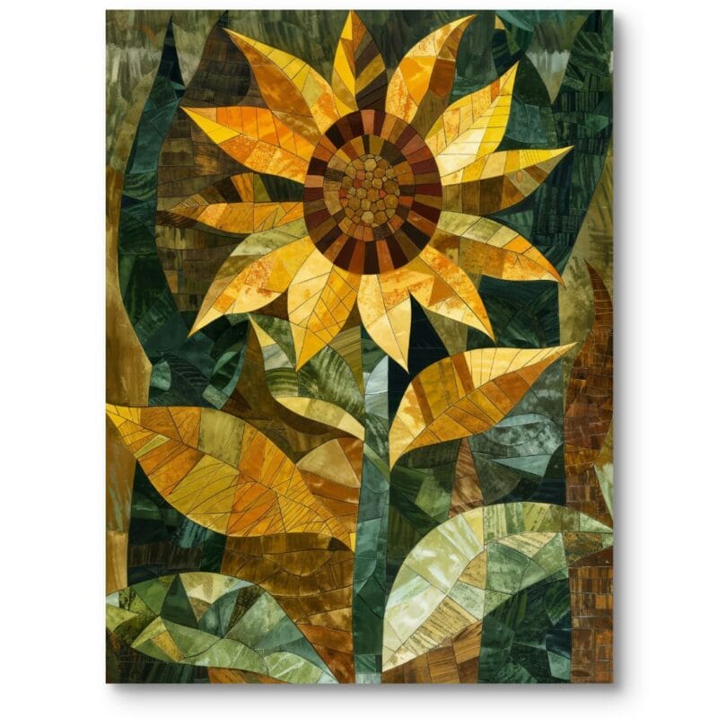 Plakat do salonu natura i rośliny słonecznik w stylu kolaż zielono-żółty Plakat do salonu natura i rośliny słonecznik w stylu kolaż zielono-żółty