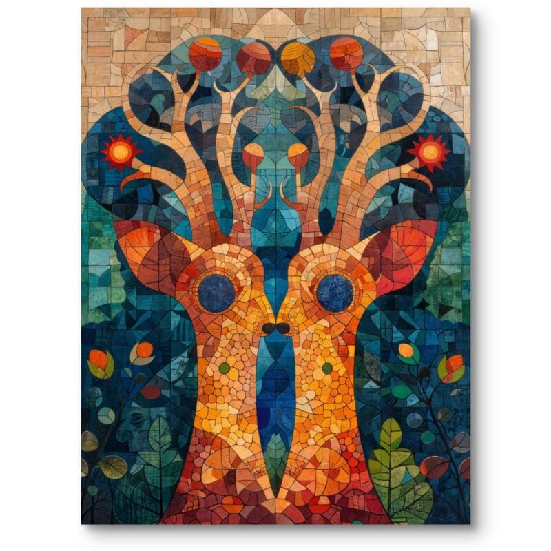 Plakat do salonu natura jeleń w stylu abstrakcji i secesji pomarańczowo-niebieski