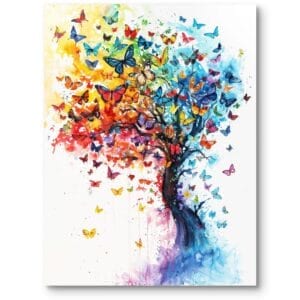 Plakat do salonu natura kolorowe drzewo motyle abstrakcja tęczowo-niebieski