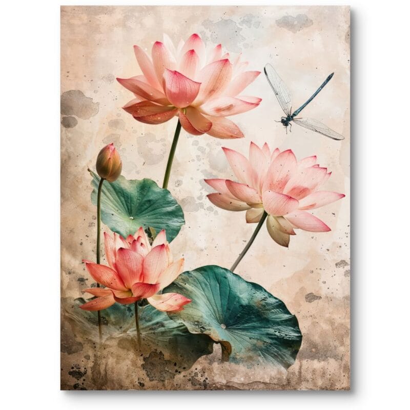 Plakat do salonu natura kwiaty lilie wodne z ważką realistyczny różowo-zielony