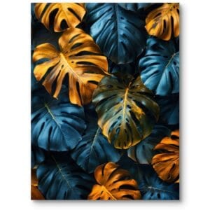 Plakat do salonu natura rośliny monstera surrealizm niebiesko-pomarańczowy