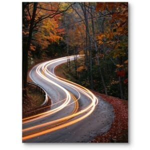 Plakat do salonu nowoczesny drogi i ścieżki kręta droga w jesiennym lesie pomarańczowo-żółty