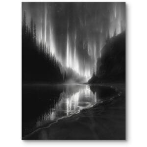 Plakat do salonu nowoczesny jeziora noc las czarno-biały