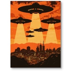 Plakat do salonu nowoczesny kosmos i astronomia UFO nad futurystycznym miastem pomarańczowo-czarny