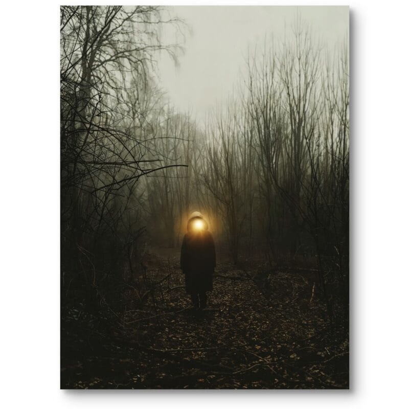 Plakat do salonu nowoczesny krajobraz las tajemnicza postać z lampą czarno-żółty