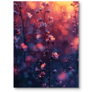 Plakat do salonu nowoczesny przyroda kwiaty pomarańczowo-fioletowy