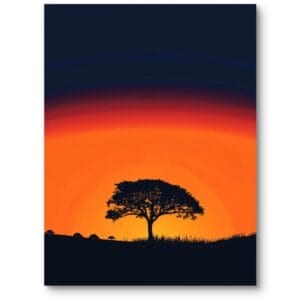 Plakat do salonu nowoczesny zachód słońca z sylwetką drzewa pomarańczowo-czarny
