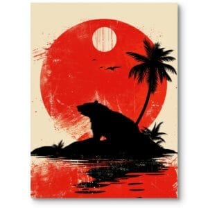 Plakat do salonu nowoczesny zwierzęta niedźwiedź natura zachód słońca czarno-czerwony
