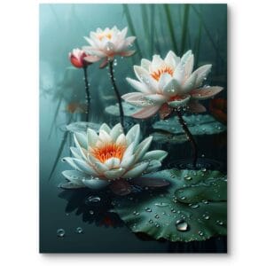 Plakat do salonu rośliny i flora kwiat lotosu realistyczny zielono-biały