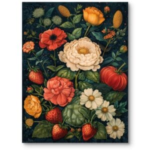 Plakat do salonu rośliny i flora kwiaty martwa natura botaniczny zielono-czerwony