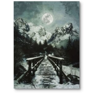 Plakat do salonu rustykalny krajobraz z górami i zimowym mostem zielono-biały