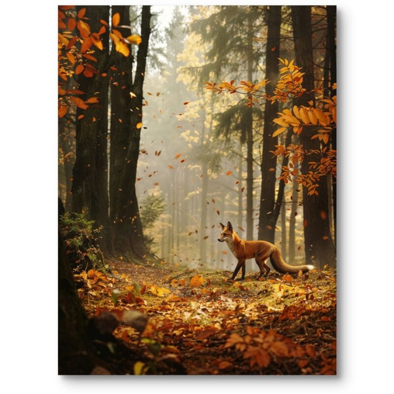 Plakat do salonu rustykalny las lis jesień pomarańczowo-zielony