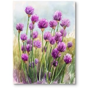 Plakat do salonu rustykalny rośliny i flora kwitnący bukiet czosnku ozdobnego fioletowo-zielony