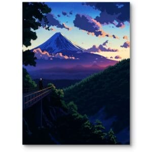 Plakat do salonu skandynawski góra Fuji zachód słońca artystyczny realizm niebiesko-zielony