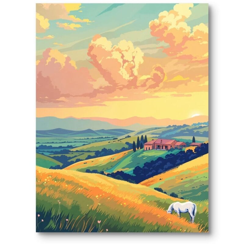 Plakat do salonu skandynawski krajobraz dom na wzgórzu z białym koniem żółto-zielony
