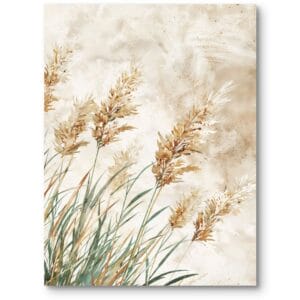 Plakat do salonu skandynawski rośliny i flora delikatne trawy beżowo-zielony