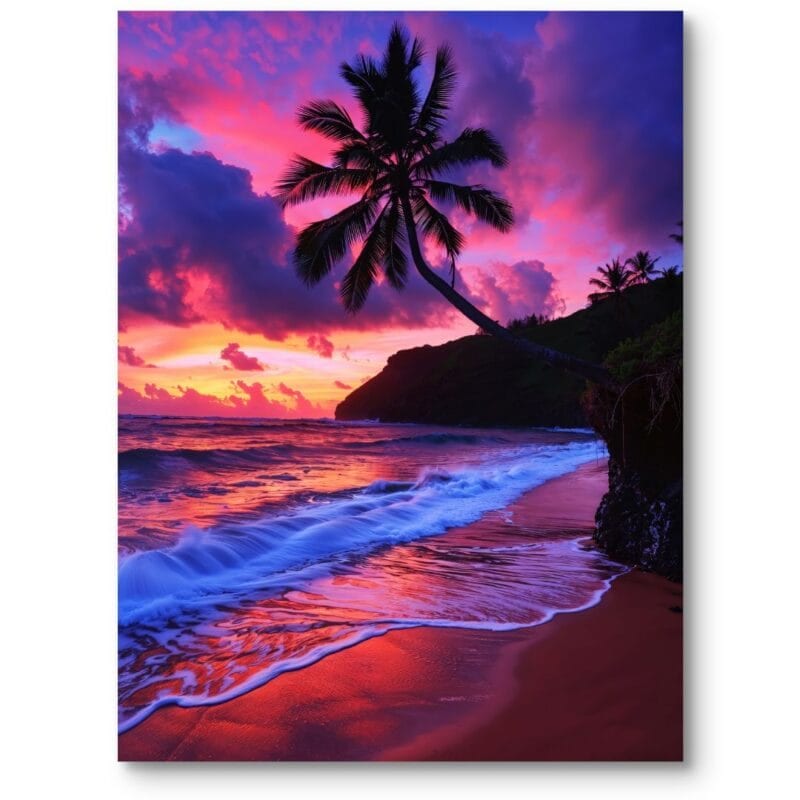 Plakat do salonu skandynawski zachód słońca fioletowo-różowy Plakat do salonu skandynawski zachód słońca fioletowo-różowy