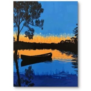 Plakat do salonu spokojne jezioro z łódką o zachodzie słońca skandynawski styl niebiesko-pomarańczowy