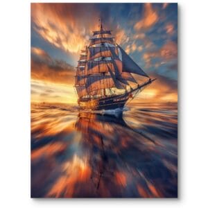 Plakat do salonu statek zachód słońca morze pomarańczowo-niebieski