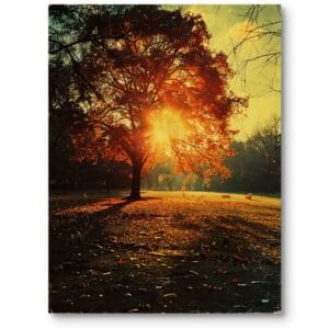 Plakat do salonu, sypialni, biura krajobrazy pejzaże i widoki park natura drzewo o zachodzie słońca fotorealizm pomarańczowo-żółty