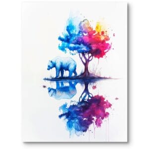 Plakat do salonu sztuka abstrakcja niedźwiedź i drzewo niebiesko-różowy
