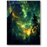 Plakat do salonu tajemniczy las i nocne niebo zielono-żółty surrealizm