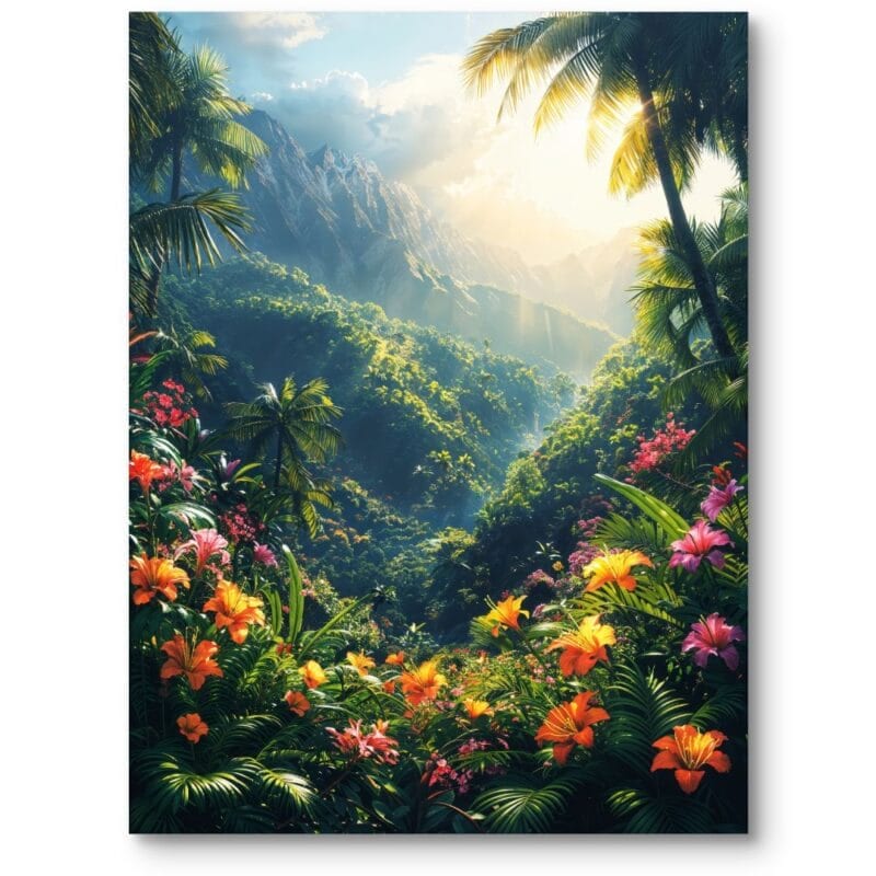 Plakat do salonu tropikalny krajobraz z kolorowymi kwiatami i górami nowoczesny zielono-żółty Plakat do salonu tropikalny krajobraz z kolorowymi kwiatami i górami nowoczesny zielono-żółty