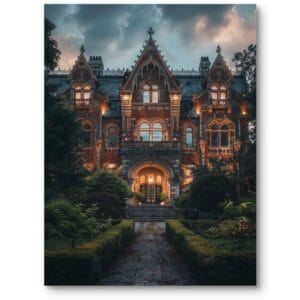 Plakat do salonu vintage architektura zabytkowa dworek brązowo-zielony