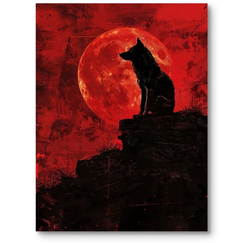 Plakat do salonu vintage wilk na tle krwistoczerwonego księżyca czerwono-czarny surrealizm Plakat do salonu vintage wilk na tle krwistoczerwonego księżyca czerwono-czarny surrealizm
