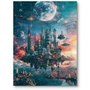Plakat do salonu w stylu nowoczesnego miasta science fiction czerwono-niebieski