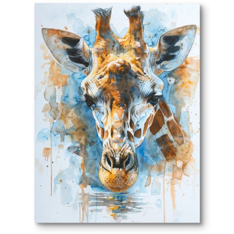 Plakat do salonu w stylu nowoczesnym zwierzęta żyrafa w akwareli pomarańczowo-niebieski Plakat do salonu w stylu nowoczesnym zwierzęta żyrafa w akwareli pomarańczowo-niebieski