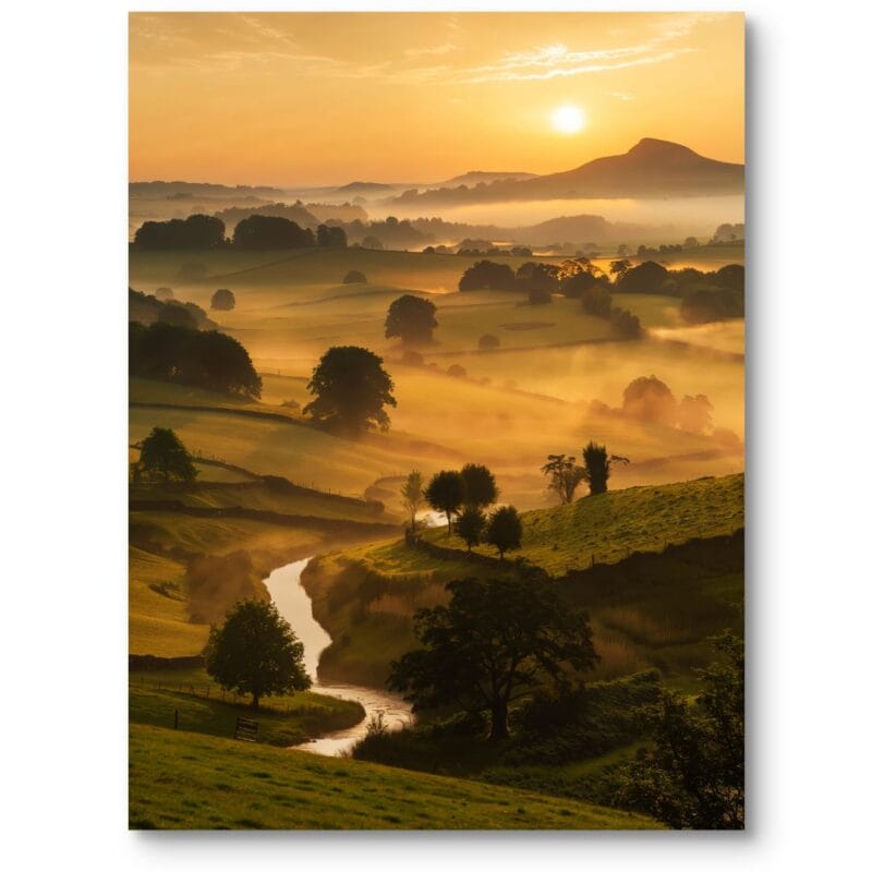 Plakat do salonu wiejskie pejzaże i krajobrazy wschód słońca zielono-żółty Plakat do salonu wiejskie pejzaże i krajobrazy wschód słońca zielono-żółty
