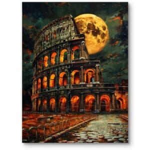 Plakat do salonu zabytki Koloseum noc mroczny pomarańczowo-czarny