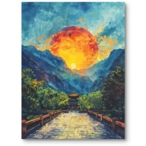 Plakat do salonu zachód słońca azjatycki krajobraz impresjonizm zielono-pomarańczowy