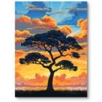 Plakat do salonu zachód słońca drzewo współczesny pomarańczowo-niebieski