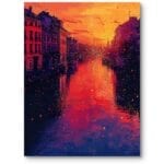 Plakat do salonu zachód słońca nad miejskim kanałem nowoczesny pomarańczowo-czerwony