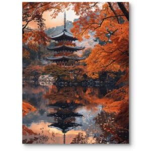 Plakat do salonu zen jesienna świątynia w Japonii pomarańczowo-zielony