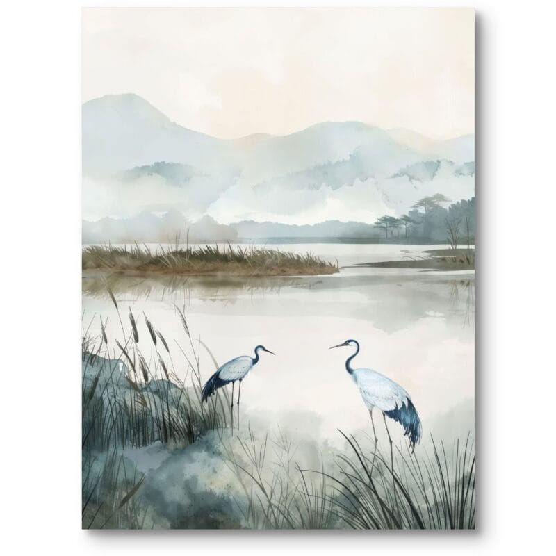 Plakat do salonu zimny krajobraz jezioro żurawie niebiesko-biały Plakat do salonu zimny krajobraz jezioro żurawie niebiesko-biały