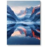 Plakat do salonu zimowy pejzaż góry realistyczny nowoczesny niebiesko-pomarańczowy