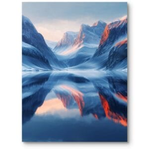 Plakat do salonu zimowy pejzaż góry realistyczny nowoczesny niebiesko-pomarańczowy