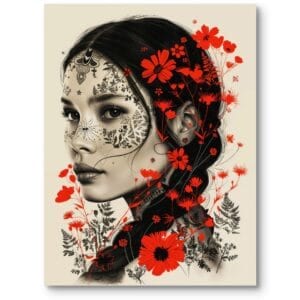 Plakat do sypialni kobieta w kwiatach nowoczesny czarno-biało-czerwony