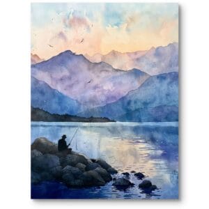 Plakat do sypialni krajobrazowy zimny akwarela rybak nad jeziorem niebiesko-fioletowy