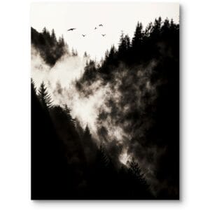 Plakat do sypialni minimalistyczny las we mgle z ptakami czarno-biały