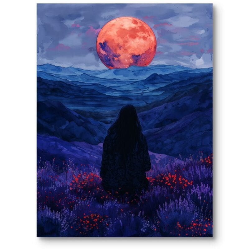 Plakat do sypialni modernistyczny krajobraz księżyc i postać fantazja niebiesko-fioletowy Plakat do sypialni modernistyczny krajobraz księżyc i postać fantazja niebiesko-fioletowy