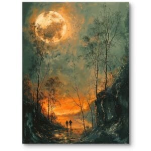 Plakat do sypialni nostalgiczny zachód słońca w górach z pełnią księżyca realistyczny pomarańczowo-zielony