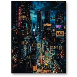 Plakat do sypialni nowoczesny cyberpunkowa metropolia przyszłość niebiesko-żółty