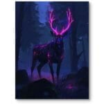 Plakat do sypialni nowoczesny fantasy jeleń w lesie fioletowo-niebieska kolorystyka