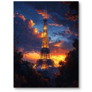 Plakat do sypialni nowoczesny miasta świata Paryż wieża Eiffla zachód słońca pomarańczowo-granatowy